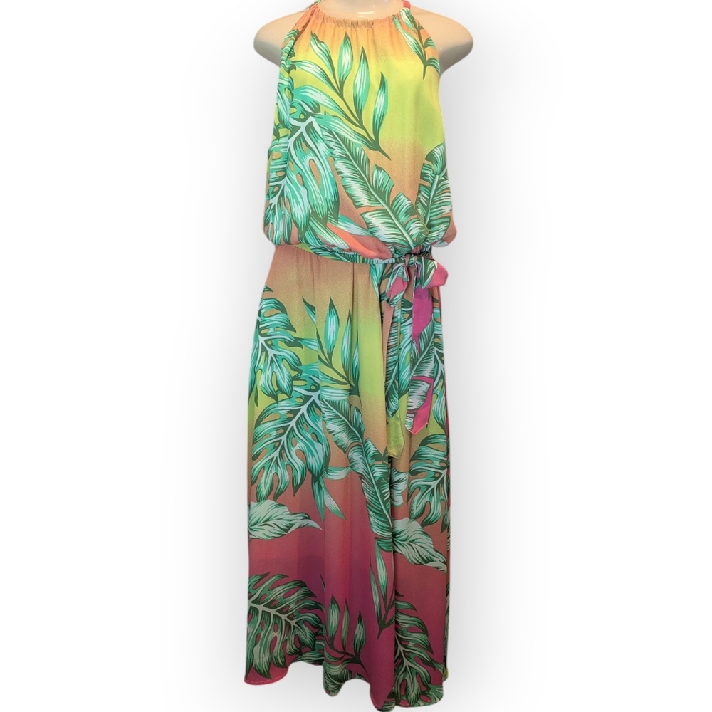 Ashley Stewart Tropical Sunset Hue Palm Print Halter Belted Maxi Dress 14/16 NWT - Picture 2 of 16